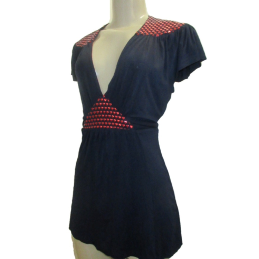 EVA FRANCO Navy Embellished Heart Jersey Top 2